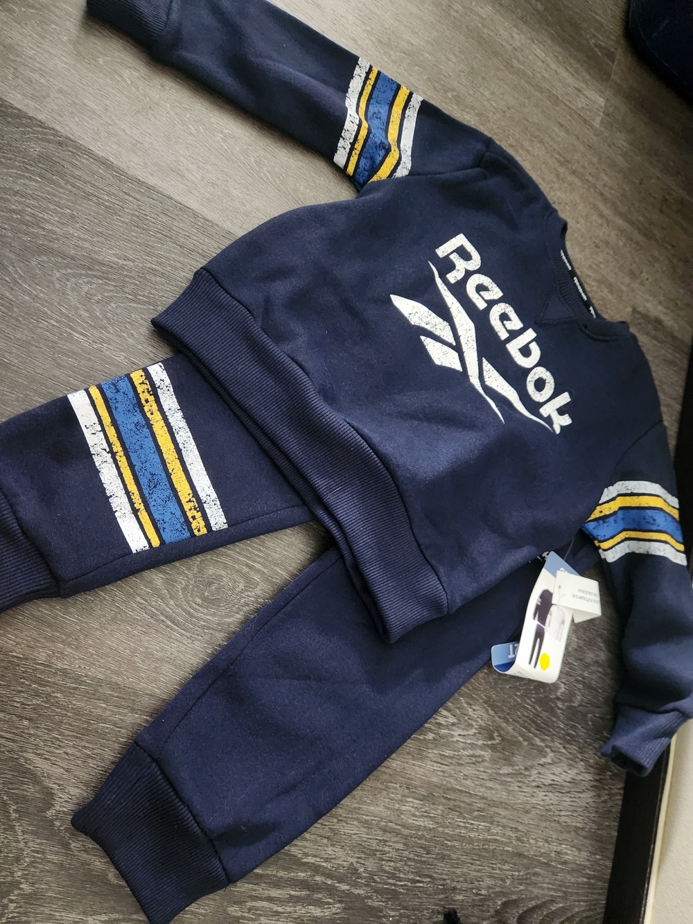Reebok Kids Navy Sweatshirt & Jogger Set with Yellow and Blue Stripes Boys 12 Mo